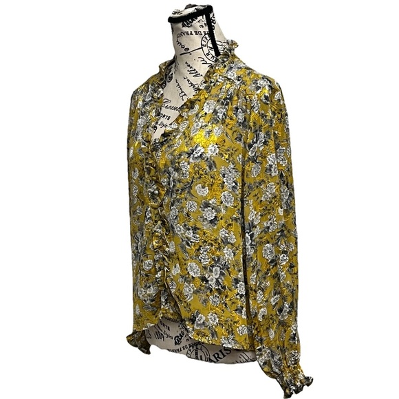 Zara Floral Jacquard Blouse XS BUTTER Yellow Ruffle Semi Sheer Boxy Boho Fairy - Picture 2 of 8